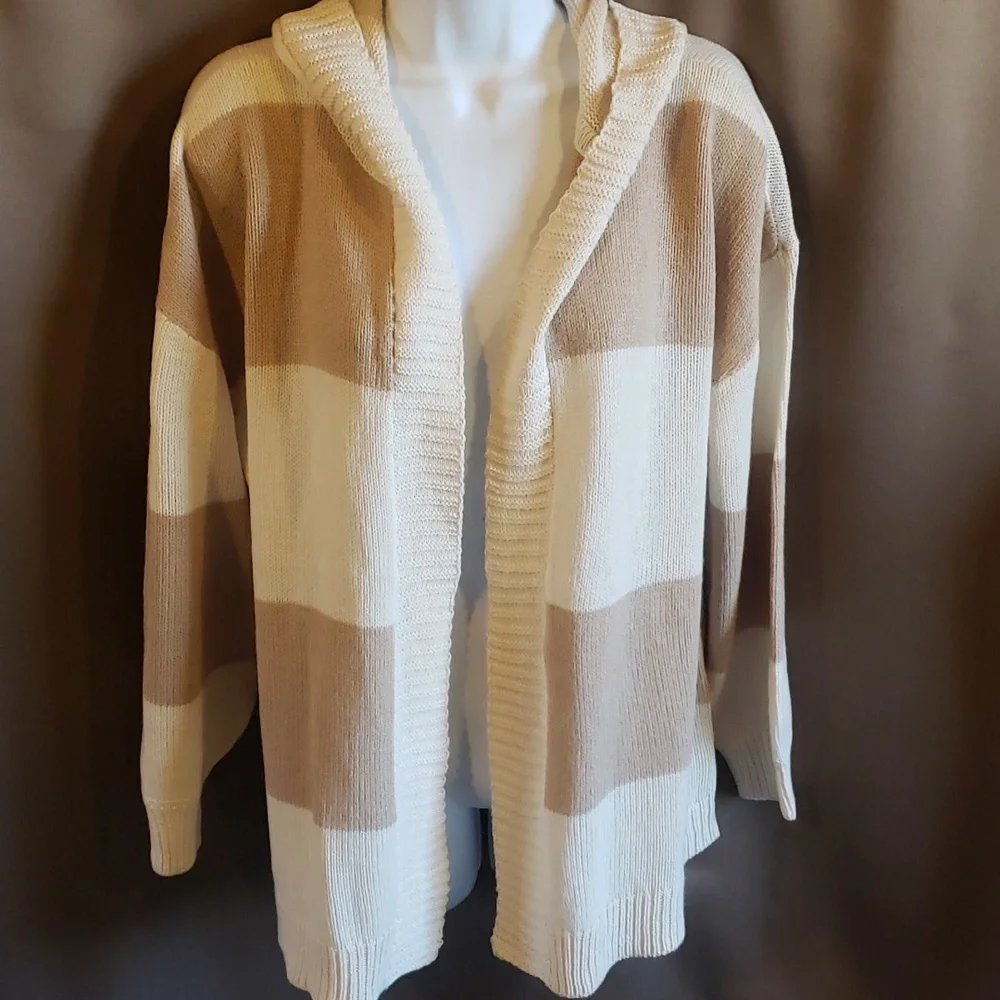 Cream Striped Hooded Cardigan Size Small NEW - Picture 4 of 10